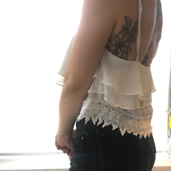Ruffled, lace white camisole crop top. - Picture 3 of 7